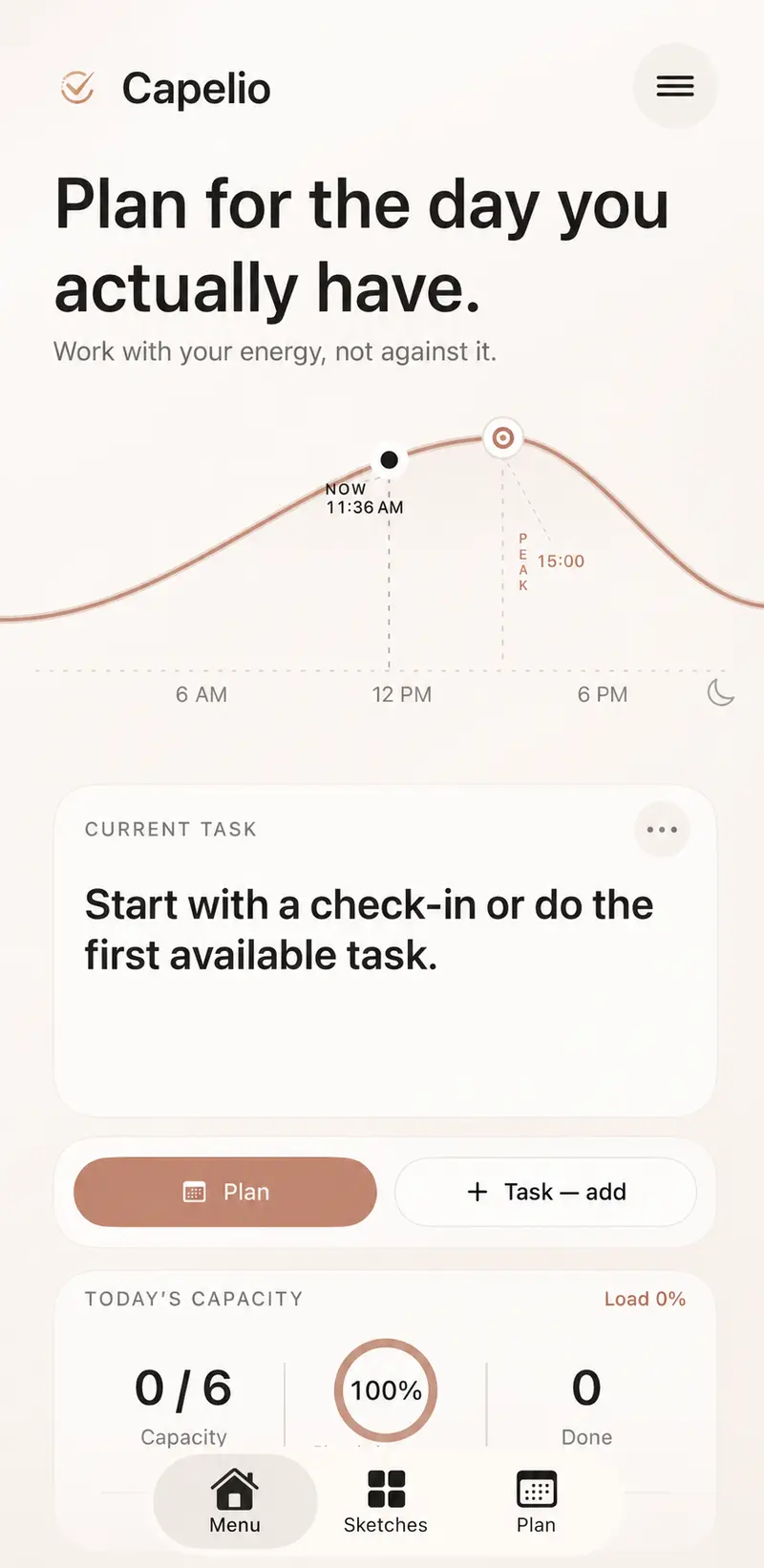 Capelio home screen showing the daily energy curve and current task area
