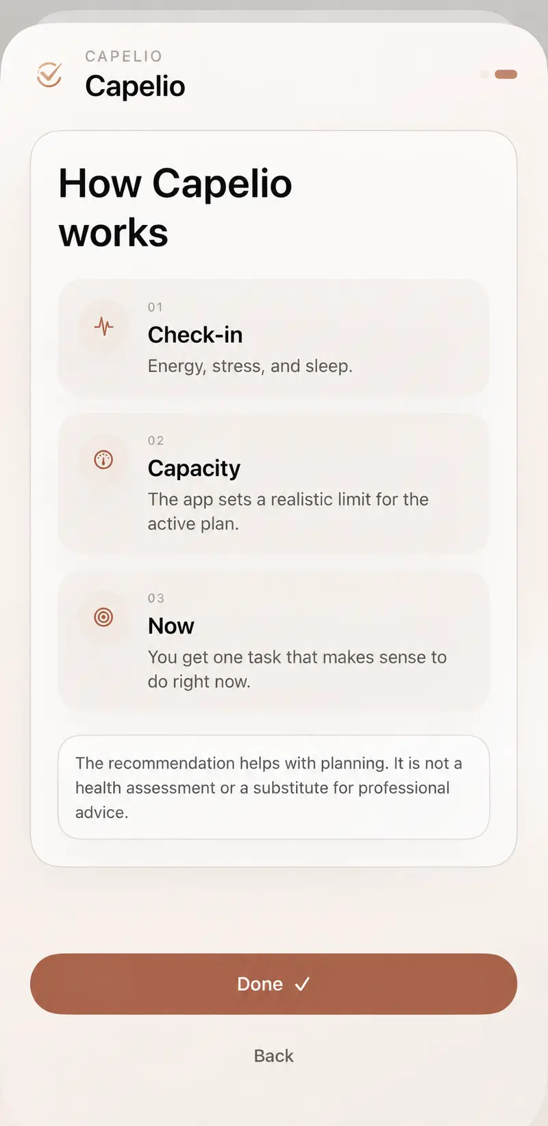 Capelio explanation screen describing check-in, capacity and current task