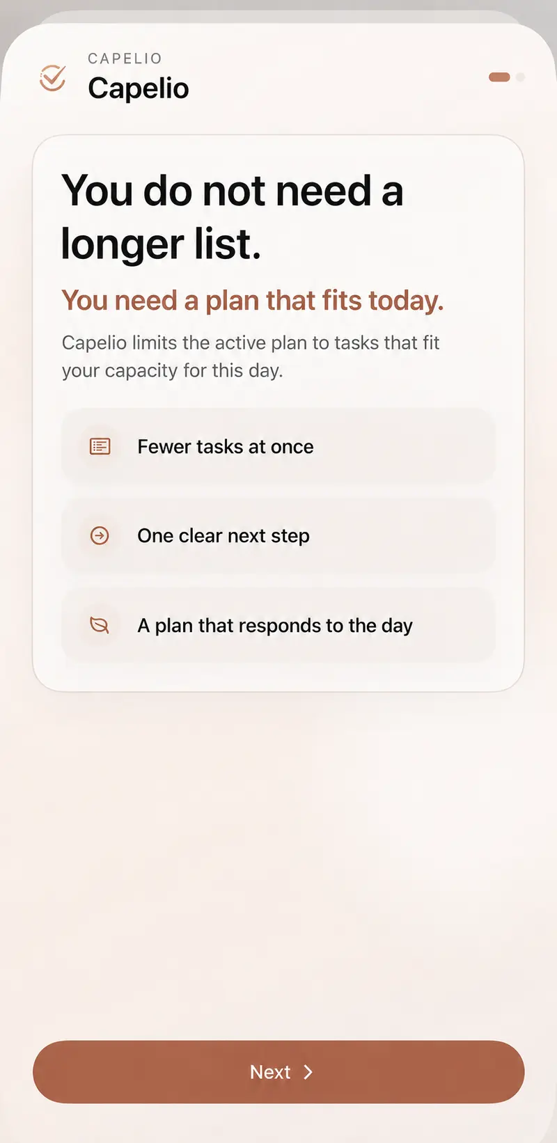 Capelio explanation screen showing a plan that fits the current day